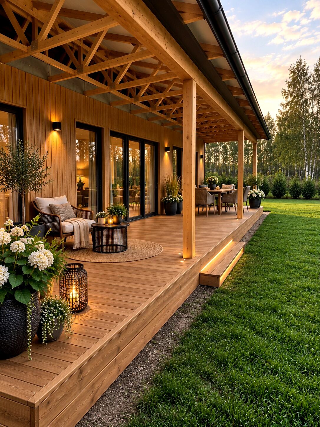 Elegant Wooden Terrace A beautifully designed wooden terrace with seating and plants, surrounded by greenery.